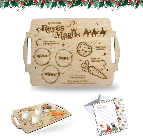 Ayurvana: Bandeja Reyes Magos 30x20cm - Personalizable | Bandeja de madera Reyes Magos 30x20cm. Incluye carta y sobre. Un recuerdo familiar mágico para la noche más especial.