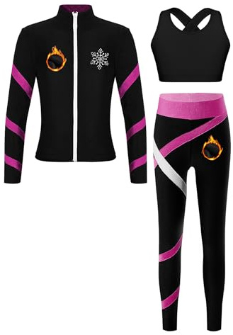 Miutii 3tlg.Kinder Mädchen Trainingsanzug Fleece Sportanzug Warm Winter Eiskunstlauf Anzug Gym Yoga Fitness Eislaufen Tanzkleidung Schwarz&Dunkel Rosa 134-140