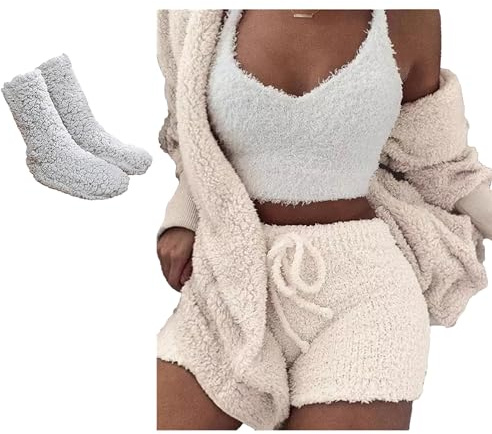 amropi Mujer Traje de Pijama de Polar Chaqueta con Capucha + Chaleco + Shorts + Calcetines 4 Piezas Conjunto Beige, S