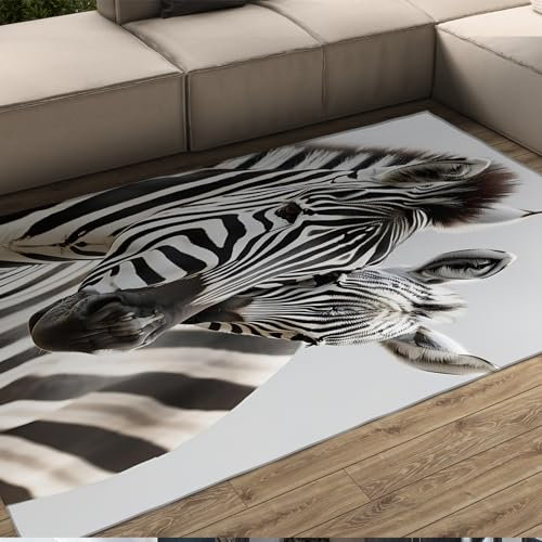 BYLEEHOMED Schwarz und Weiß Zebras Teppich 150x210cm African Wildlife Area Teppich mit Gummirücken Bauernhaus Dekor Modernes Home Office Rutschfester Teppich