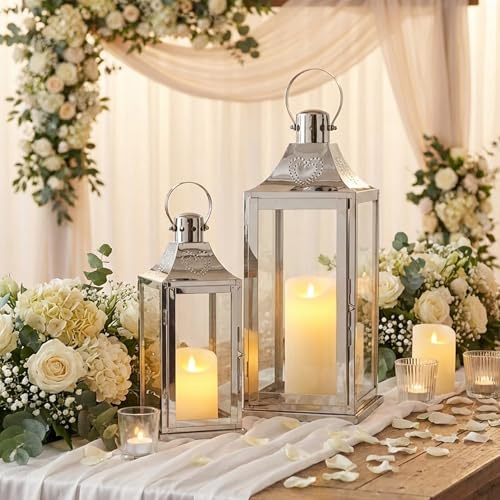TRIROCKS Set of 2 Stainless Steel Lanterns 17&12 H Decorative Outdoor Lantern Candle Holder with Tempered Glass for Living Room Wedding Parties Gifts Indoors Outdoors(Silver)