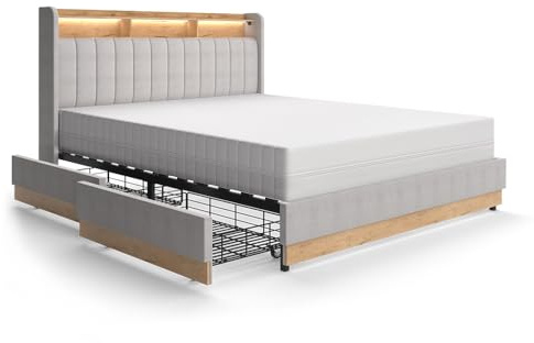 VitaliSpa Polsterbett Nura, Grau, 160x200 cm | mit 4 Schubladen, mit USB-Ladeanschluss, LED-Beleuchtung und Fernbedienung