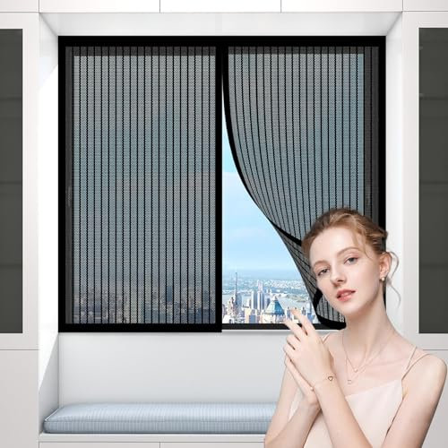 Magnet Fliegengitter Tür 116 x 75 cm, Breites Klettband, Nicht Kürzbar, Ohne Bohren, Isolierter Türvorhang, Insektenschutzrollo, Fliegengitter Tür Magnet, für Alle Türen Und Fenster, Schwarz