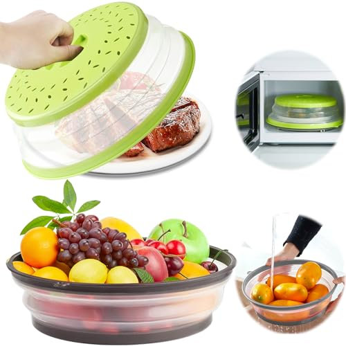 Yegookay 3 in 1 2 Pezzi Coperchio Microonde 27cm Pieghevole Paraspruzzi Vaporiera Setaccio Organizzazione per Riporre Gli Utensili da Cucina Cappa per Microonde Salvaspazio Colino (Grigio + Verde)