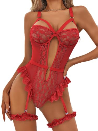 Satohom Completo Intimo Lingerie Reggicalze Sexy da Donna in Pizzo Trasparente con 4 Supporti Regolabile Push Up Floral Bodys Intimo con Polsini Coscia Un Pezzo Reggicalze Biancheria Intima