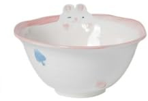 Ceramic Underglaze Tableware Plates and Bowls with Cartoon Patterns Rice Salad Cute Dinner Household Snack Breakfast Dessert Bird's Nest Fruit Ice Cream Soups Pasta Spoons(5-Inch Bowl,Pink Rabbit)