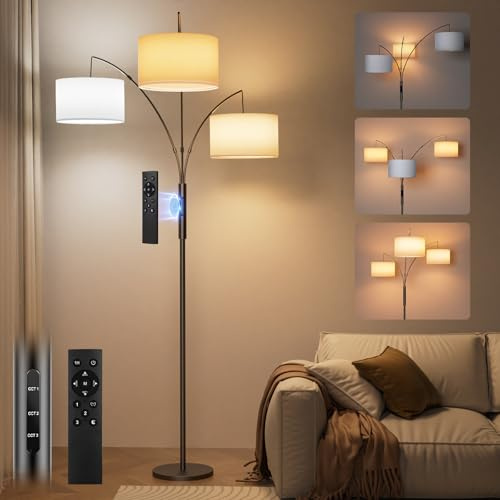 SIBRILLE 36W Bogenlampe Stehlampe mit Weiß Stoffschirm, 3000LM Superhelle Stehlampe mit Fernbedienung & Touch, LED Stehlampe Dimmbar, 187cm Stehleuchte für Wohnzimmer Schlafzimmer Büro