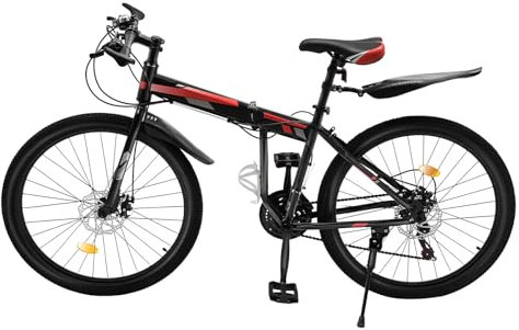 MIUKYUI 26 Zoll Mountainbike Fahrrad, 21-Gang einstellbar Kinderfahrrad mit schutzblech & Getränkehalter, MTB für Mädchen Jungen Herren und Damen, Tragfähigkeit 120KG (Schwarz + Rot)