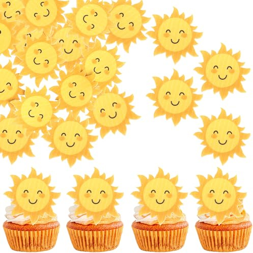 60 Pack Sun Cupcake Toppers Sunflower Smile Face Cupcake Picks SunShine Cupcake Decorations for Baby Shower Kids Boys Girls Birthday Wedding Party Cake Decorations Supplies