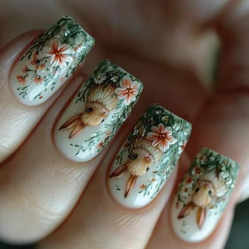 24 uñas postizas cuadradas con pegamento en la prensa para mujeres y niñas, uñas postizas de almendra con punta francesa