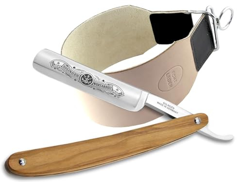 Solinger Bartmesser Set mit extra breitem Streichriemen und Olivenholz Heft | Rasiermesser Set für die klassische Nassrasur und präzisen Bartpflege - Made in Germany - Eine Handwerkskunst aus Solingen