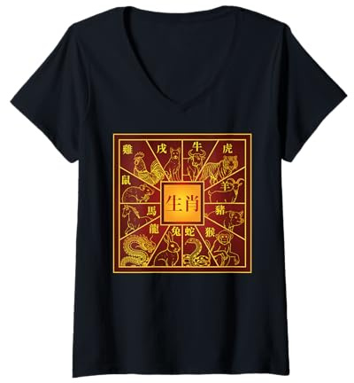 Femme Signes du Zodiaque Chinois Animaux du Zodiaque Chinois Nouvel an Chinois T-Shirt avec Col en V