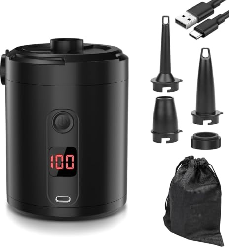 Elektrische Luftpumpe Akku für Luftmatratze | 5200mAh Mini Luftpumpe Akku mit digitaler Anzeige, 3 Luftdüsen für Camping, Pool, Luftbett, Schwimmringe