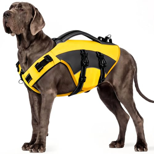 CITÉTOILE Giubbotto di Salvataggio per Cani, Salvagente Cane Regolabile Ripstop, con Maniglia e Strisce Riflettenti, per Gli Sport Acquatici, Dog Life Jecket, Giallo, XL