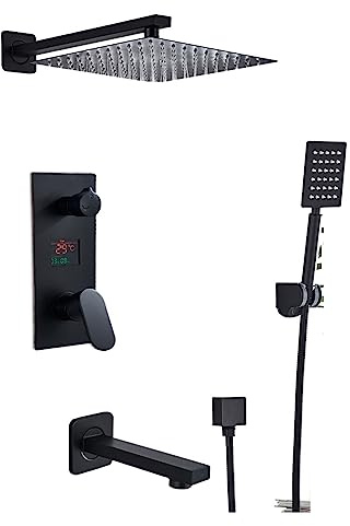 Colonne de Douche, Ensemble de robinet de douche de salle de bain noir mat, système de douche de bain noir pluie à affichage numérique, mitigeur de baignoire de douche cascade(3-Ways 10 inch A)