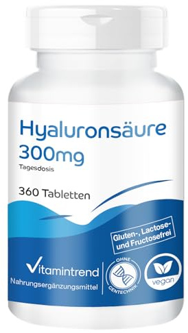 Vitamintrend Hyaluronsäure 300 mg pro Tagesdosis, 360 Tabletten, schluckfreundlich, hochdosiert, Nahrungsergänzungsmittel vegan ohne Magnesiumstearat, in Deutschland hergestellt
