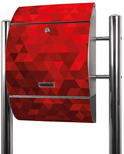 banjado® Standbriefkasten Edelstahl mit Zeitungsfach Motiv Dreiecke Rot/Briefkasten mit Standfuß/Edelstahl Briefkasten freistehend - A4 Einwurf inkl. 2 Schlüssel