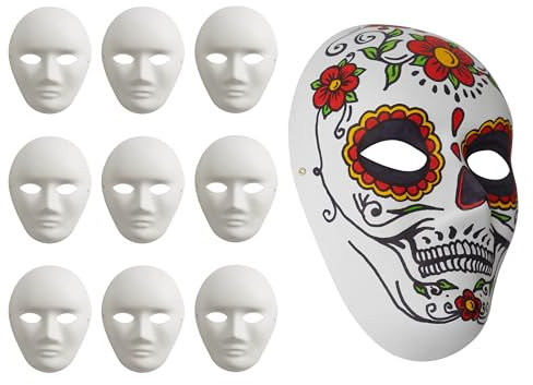 MATANA - 10 White Full Face Masks, 24x18cm - Rigid Paper Plain Masks for Kids or Adults Unisex, Perfect Plain White Mask for Arts & Crafts, DIY Costume Halloween Party