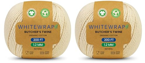 WHITEWRAP Butchers Twine, 100% algodón orgánico, color natural, grado chef, apto para alimentos, cocina, hornear, trussing, cocina, manualidades, manualidades, paquete de 2, 11 capas, 400 pies