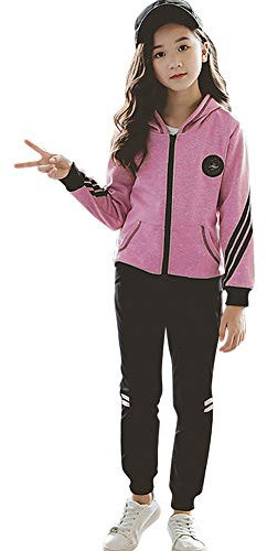 YFPICO Mädchen Trainingsanzug Sportanzug Jogginganzug 3 Teilig Einfarbig Freizeitanzug Kapuzenpullover Sport Jogging Anzug Reißverschluss, Rose Red（2 Stücke）, 134/140