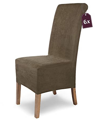Scheffler Home Stuhlhussen Taupe-Braun 6er Set Velours Stretch Leon | Elastische und waschbare Stuhlbezüge,Öko-Tex zertifiziert,für Esszimmerstühle, Hochlehner und Polsterstühle