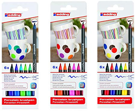 edding 4200 Porzellan-Pinselstift (auch für Glas und Keramik) - 3x Farb-Set mit 6 Farben - Porzellan-Brushpen zum Bemalen und Beschriften von Geschirr, Tassen und ofenfestem Glas