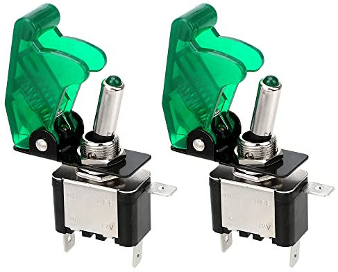 CENPEK 2 x robuste Kippschalter, 12 V, 20 A, SPST, 3-poliger An/Aus-LED-Lichter, Metall-Schalter mit Sicherheitsabdeckung und Drähten für Auto, LKW, Boot, Marine-Grün