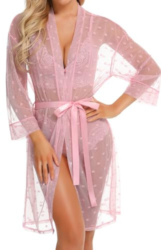 RSLOVE Sexy Lingerie for Women Lace Lingerie Set with Mesh Robe 3 Piece Set Sleepwear Nightwear Wine Pink Large