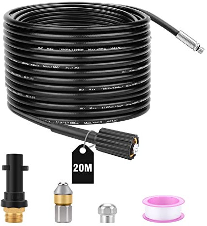 WADEO Tuyau de Nettoyage de Tuyaux 20 m 180 Bar / 2610 PSI Kit de Nettoyage de Tuyaux pour Nettoyeur Haute Pression Kärcher k2-k7