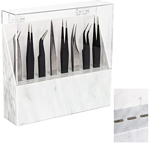 LXIANGN 8 Holes Dust-proof Eyelash Tweezers Holder Case Acrylic Marble Tweezer Stand Display Organizer with Cover for Lash Extensions (white)