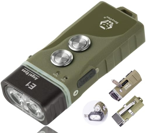 RovyVon Torcia elettrica E1 ibrida EDC, max 700 lumen con doppio LED 6500 K, bianco freddo, tascabile USB-C, ricaricabile, doppia alimentazione da Li-po/AAA sostituibile (verde militare)