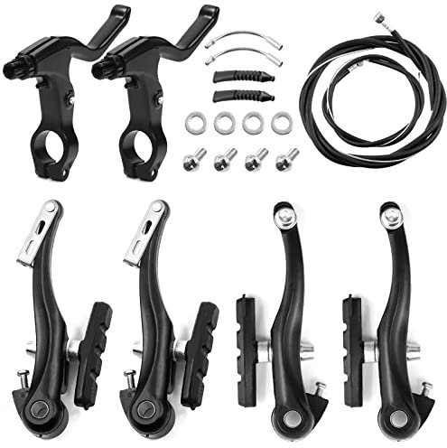 Glarks 8 Pcs Bike Brake Set - 2 Pairs Black V Type Brakes, 1 Pair Handlebar Levers, 2 Front and Rear Cables for Mountain and Road Bikes