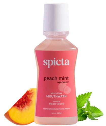 Spicta Mouthwash Peach Mint | Powered by Fitkari (Alum) | Fluoride Free | Alcohol Free | SLS & Paraben Free | Freshens Breath Prevents Plaque (250 ml)