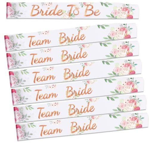 DPKOW Blumen JGA Schärpen, 1 Bride to Be Schärpe + 6 Team Bride Schärpen für JGA Accessoires Rosé Gold, Junggesellinnenabschied Fotoaccessoires für Team Braut Brautdusche JGA Gastgeschenke Hochzeit