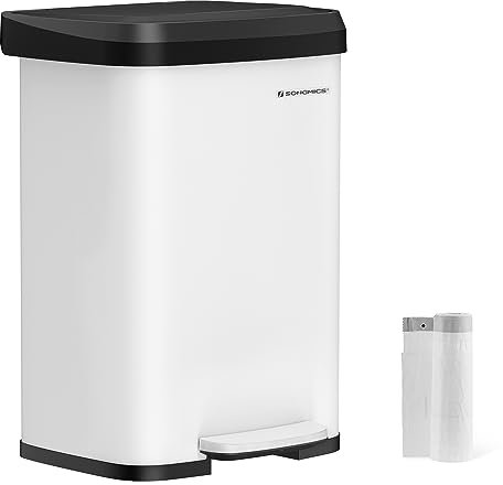SONGMICS Kitchen Bin, 50L Rubbish Bin, Metal Waste Pedal Bin with Lid, Tall and Large, White and Black LTB530W5002