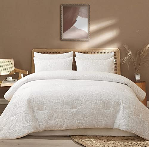 YASMENG Bettdecke 200x220 4 Jahreszeiten Ganzjahresdecke Rund Muster Weiß 400 GSM Schlafdecke 200x220 Mikrofaser Bettdecken Weich Flauschige Decke 200x220 cm Steppdecke mit 2 Kissenbezüge 80×80 cm