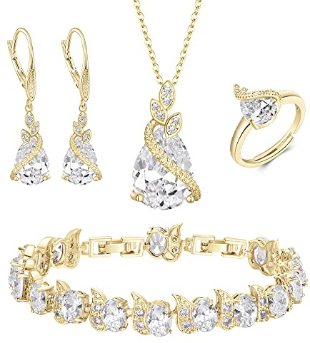 Clearine Bridal Jewellery Set for Women, Gold Plated Sparkle Teardrop CZ Necklace Leverback Earrings Tennis Bracelet Adjustable Ring Gift for Mothers Day/Wedding/Birthday/Valentines/Christmas