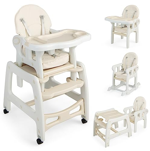 RELAX4LIFE 3 in 1 Seggiolone Pappa, Seggiolone Multifunzione con Doppio Vassoio Estraibile, Schienale Regolabile, Cuscino Staccabile e Cintura di Sicurezza, per Bambini 6-36 Mesi, 20KG (Beige)