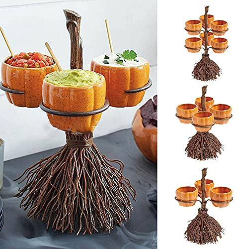 MOFIC Halloween-Kürbisschalen aus Kunstharz auf Besen zum Servieren von Obstsalat, Snacks, kreatives Halloween-Partyzubehör, Tisch-Tabletts, Ständer Dekorationen (3 Schüsseln)