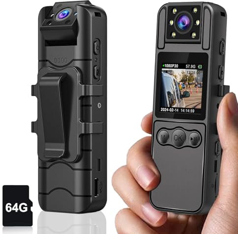 bayehngs 64GB Small Body Camera with Audio and Video, Portable 1080P Body Cam with 180° Rotatable Lens, Motion Detection, Night Vision, Wearable Small Personal Camcorder Video Recorder