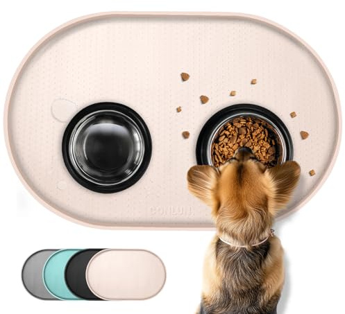 Conlun Napfunterlage Hund,1,2cm Hohe Ränder Futtermatte Katzen zur Vermeidung von Verschüttungen,BPA-Freie Silikonmatte mit Rand Gummi-Hundenapf Unterlage für Futter- und Wassernäpfe(Beige,60x40 cm)WT