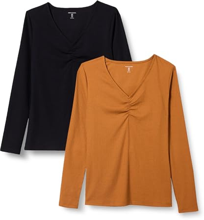 Amazon Essentials Camiseta Ajustada de Manga Larga de Punto Trenzado con Cuello de Pico ceñido Mujer, Pack de 2, Negro/Caramelo, XL