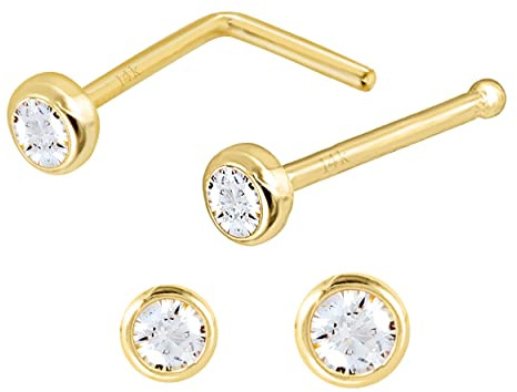 Solid 14Kt Yellow Gold 2mm Bezel set CZ Stud Nose Ring - 22G Nose Bone Stud - Ball End Nose Ring - Unisex Nose Piercing Jewelry
