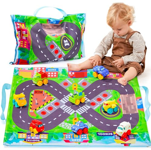 JOYIN 8 stycken tecknade gummibabybilar, bilmattor barn, badleksaksbilar med lekmatta, lekmatta gata barnmatta, leksaksbilar för barn från 1 2 3 år