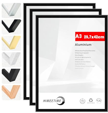 HIMEETIME® 3x Cornice A3 30x42 cm, Cornice nero in metallo,Cornice per documenti 29,7x42 cm Collage grande,Cornice in metallo Cornice in alluminio,Cornice per quadri A3 Cornice per foto