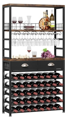 Homeiju Wine Cabinet with Storage, Wine Rack Freestanding Floor, 6-Tier with Tabletop, Drawer and Wine Storage for Home Bars