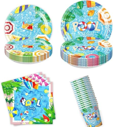 JUNBAOYYDS Pool Partygeschirr Set, Pool Geburtstag Partyzubehörsets, Partygeschirr Kindergeburtstag, Pappgeschirr Pappteller Becher Servietten für Kindergeburtstag Geburtstagsdeko 10 Gäste