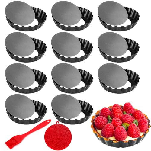 Quyimy 12 Pieces10cm Tart Tins Quiche Dish Tart Pans 4 inch Removable Bottom Round Fluted Quiche Tins Non-Stick Round Carbon Steel Individual Pie Dishes with Oil Brush&Silicone Scrubber