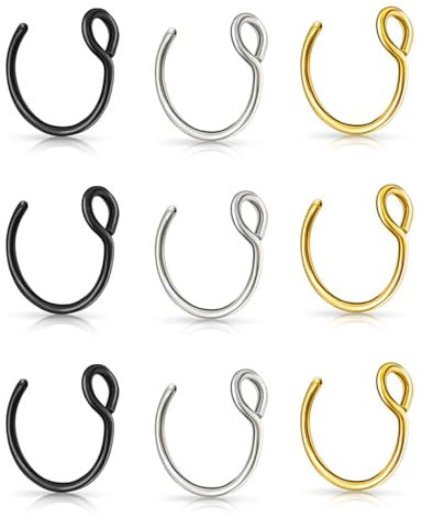 IPNSDON 9-teiliges Set Fake-Nasenringe, Nasenpiercing-Ringe, Edelstahl, Fake-Septum mit Nasolabialring befestigbar, leicht, für den Abschlussball geeignet