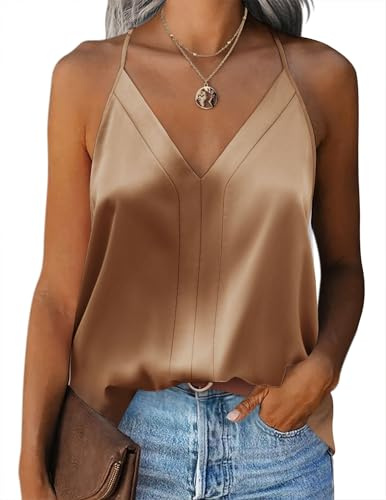 Zeagoo Womens Silk Tank Tops Elegant Sleeveless Blouses V Neck Stain Cami Vest Summer Basic top with Soft Adjustable Strap Khaki M